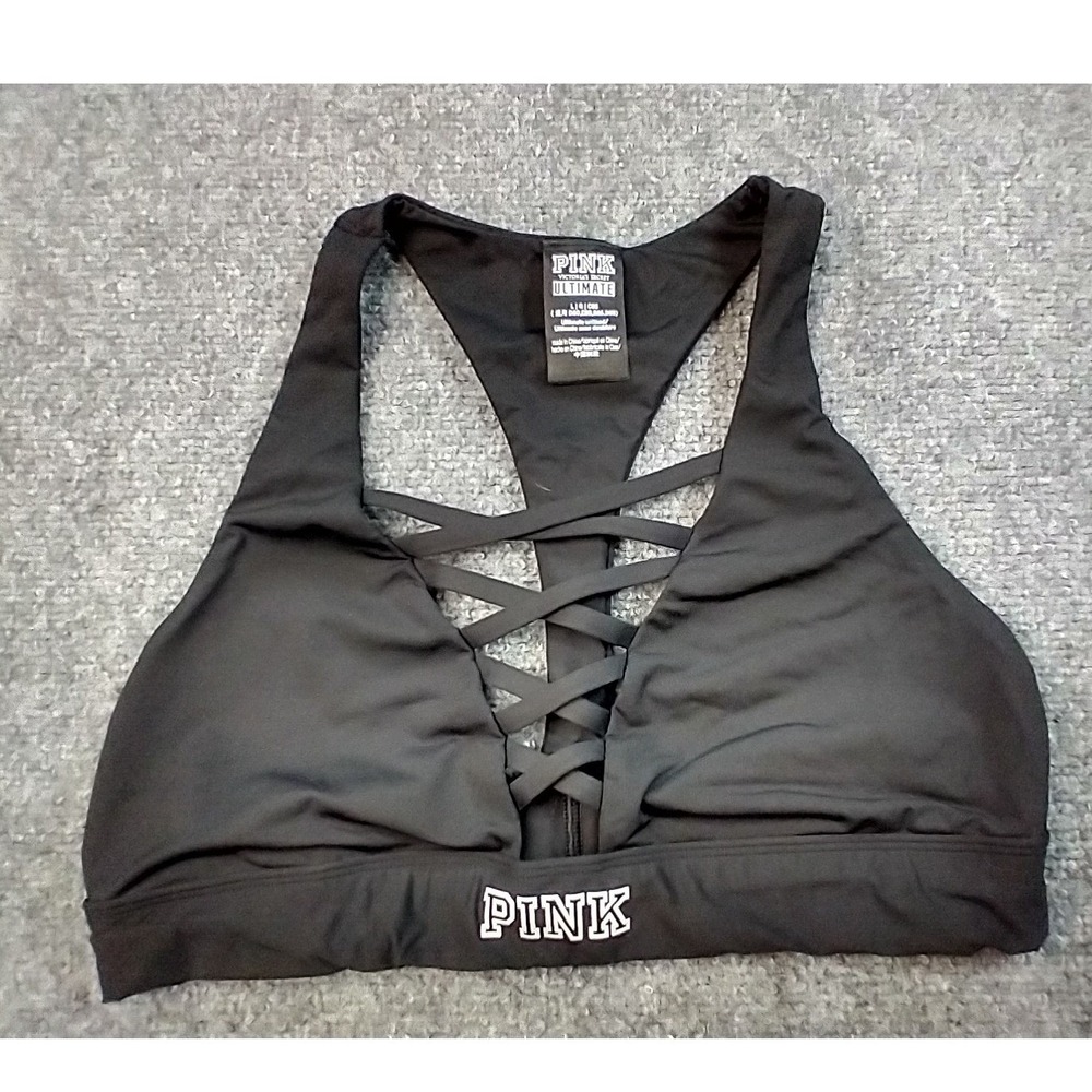 PINK Sports Bra Women Large Black Strappy Ultimate Racerback Unlined Workout